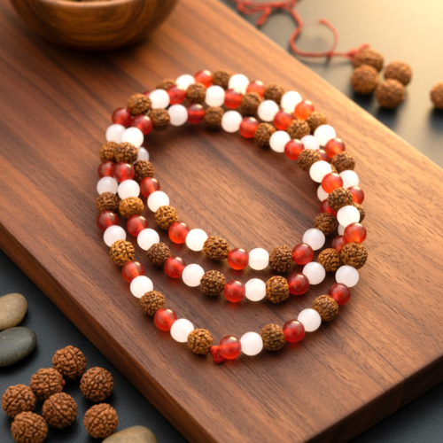 Red Hakik+White Hakik+Rudraksha Mala (लाल हकीक+सफ़ेद हकीक+रुद्राक्ष माला), Bead Size 8 mm, 108 Beads